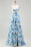 White and Blue Floral Tiered Strapless Corset Long Prom Dress with Slit