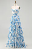 White and Blue Floral Tiered Strapless Corset Long Prom Dress with Slit