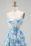 White and Blue Floral Tiered Strapless Corset Long Prom Dress with Slit