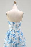 White and Blue Floral Tiered Strapless Corset Long Prom Dress with Slit