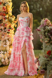 Sparkly White and Pink Ruffled Strapless Corset Maxi Floral Prom Dress