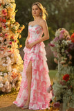 Sparkly White and Pink Ruffled Strapless Corset Maxi Floral Prom Dress