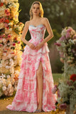 Sparkly White and Pink Ruffled Strapless Corset Maxi Floral Prom Dress