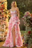 Sparkly White and Pink Ruffled Strapless Corset Maxi Floral Prom Dress