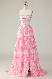 Sparkly White and Pink Ruffled Strapless Floral Corset Long Prom Dress