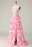 Sparkly White and Pink Ruffled Strapless Floral Corset Long Prom Dress