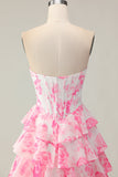Sparkly White and Pink Ruffled Strapless Floral Corset Long Prom Dress