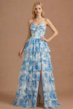 A Line White Blue Floral Ruffled Corset Long Prom Dress with Slit