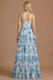 A Line White Blue Floral Ruffled Corset Long Prom Dress with Slit
