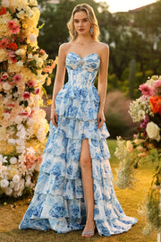 White and Blue Flower Tiered Long Corset Prom Dress with Slit