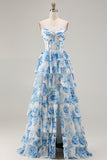 A Line White Blue Floral Ruffled Corset Long Prom Dress with Slit