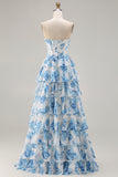 A Line White Blue Floral Ruffled Corset Long Prom Dress with Slit