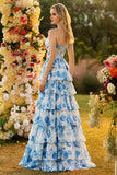 White and Blue Flower Tiered Long Corset Prom Dress with Slit