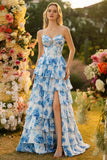 White and Blue Flower Tiered Long Corset Prom Dress with Slit