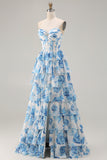 A Line White Blue Floral Ruffled Corset Long Prom Dress with Slit