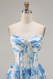 A Line White Blue Floral Ruffled Corset Long Prom Dress with Slit