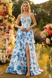 White and Blue Flower Tiered Long Corset Prom Dress with Slit