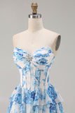 A Line White Blue Floral Ruffled Corset Long Prom Dress with Slit