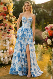 White and Blue Flower Tiered Long Corset Prom Dress with Slit