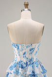 A Line White Blue Floral Ruffled Corset Long Prom Dress with Slit