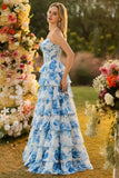 White and Blue Flower Tiered Long Corset Prom Dress with Slit