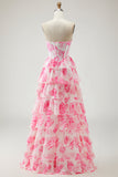 White and Pink Flower Corset Tiered Long Prom Dress with Slit