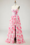 White and Pink Flower Corset Tiered Long Prom Dress with Slit
