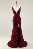 Sparkly Burgundy Mermaid Sequin Long Prom Dress with Slit