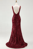 Sparkly Burgundy Mermaid Sequin Long Prom Dress with Slit