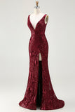 Sparkly Burgundy Mermaid Sequin Long Prom Dress with Slit