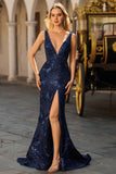 Sparkly Navy Sequin Mermaid Long Prom Dress with Slit