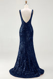 Sparkly Navy Sequin Mermaid Long Prom Dress with Slit
