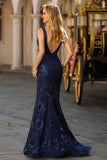 Sparkly Navy Sequin Mermaid Long Prom Dress with Slit