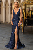 Navy Deep V-Neck Mermaid Long Prom Dress with Slit