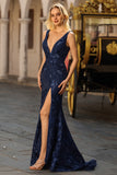Navy Deep V-Neck Mermaid Long Prom Dress with Slit