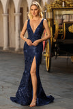 Navy Deep V-Neck Mermaid Long Prom Dress with Slit
