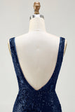 Sparkly Navy Sequin Mermaid Long Prom Dress with Slit