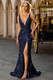 Navy Deep V-Neck Mermaid Long Prom Dress with Slit