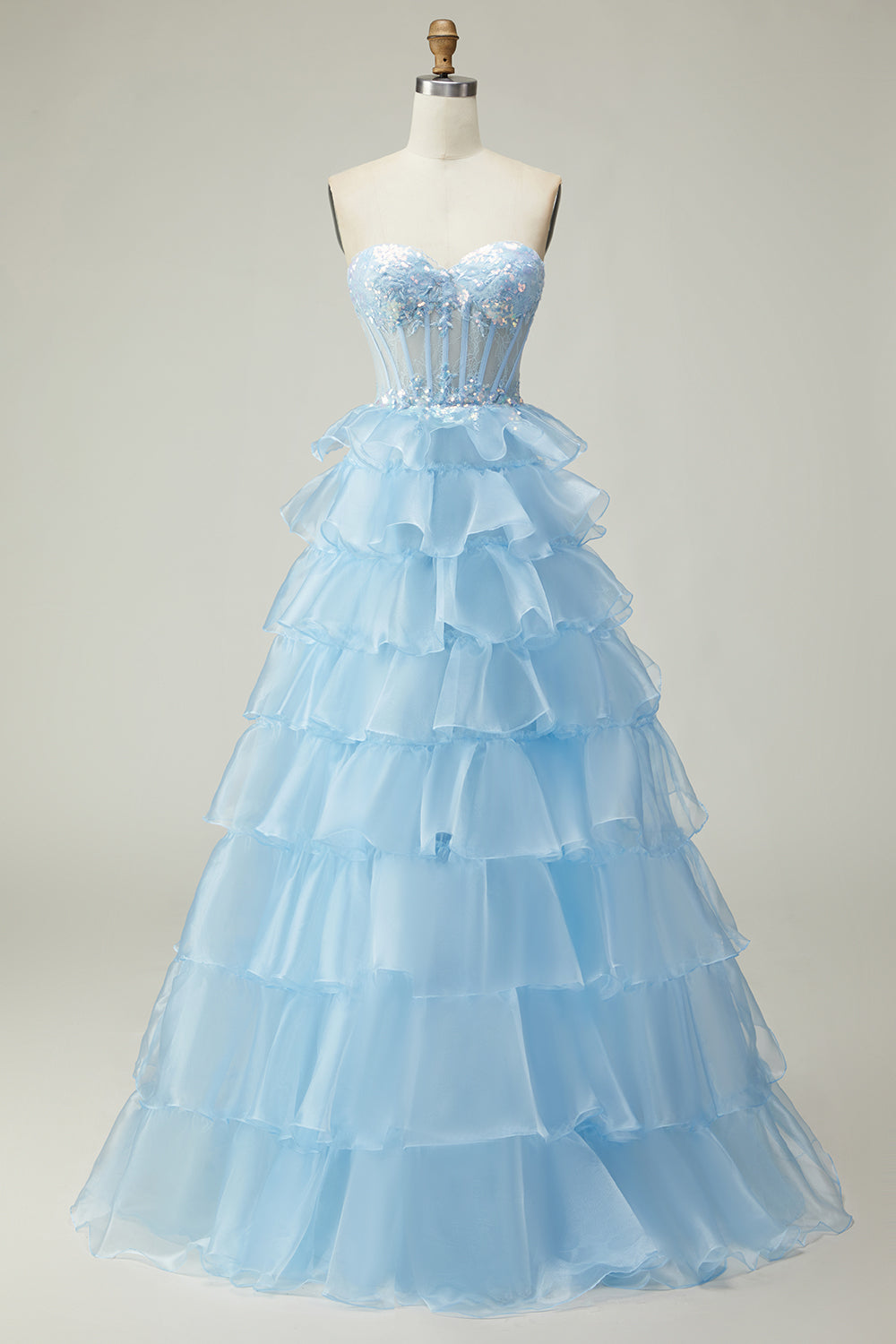 Leely Women Sparkly Blue Long Ruffled Corset Prom Dress with Sequins