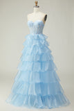 Sparkly Blue Strapless Ruffled Long Corset Prom Dress