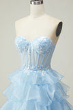 Sparkly Blue Strapless Ruffled Long Corset Prom Dress
