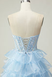 Sparkly Blue Strapless Ruffled Long Corset Prom Dress