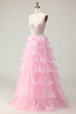 Sparkly Pink Ruffled Strapless Long Corset Prom Dress