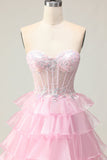 Sparkly Pink Ruffled Strapless Long Corset Prom Dress