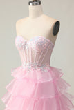 Sparkly Pink Ruffled Strapless Long Corset Prom Dress