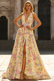 Yellow and Pink A Line Halter Floral Long Prom Dress with Slit