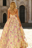 Yellow and Pink Flower V-Neck Princess Long Prom Dress with Slit