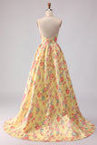 Yellow and Pink A Line Halter Floral Long Prom Dress with Slit