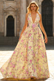 Yellow and Pink Flower V-Neck Princess Long Prom Dress with Slit