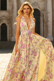 Yellow and Pink Flower V-Neck Princess Long Prom Dress with Slit